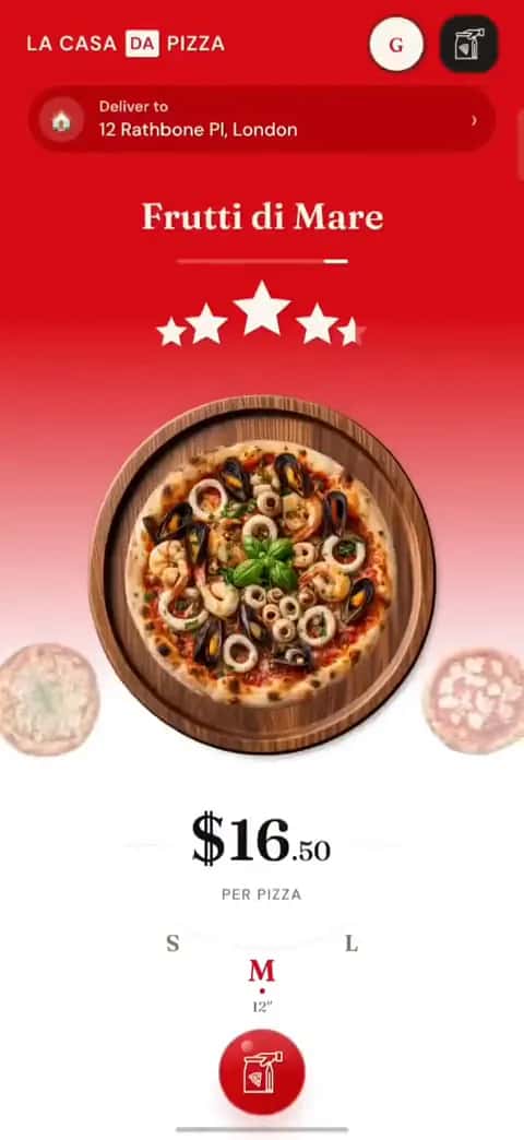 Le menu, présenté une pizza à la fois : Frutti di Mare aux moules, crevettes et calamars, une notation en étoiles, le prix pour une taille, et une adresse de livraison déjà définie en haut.